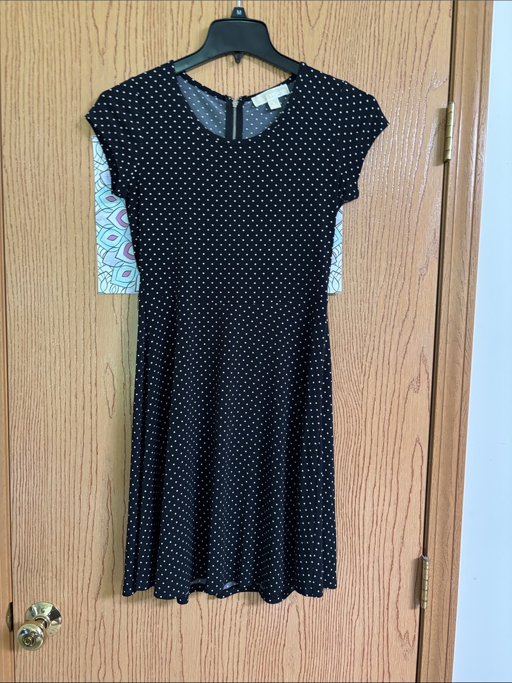 Michael Kors Black and White Polka Dot Short Sleeve Skater Dress